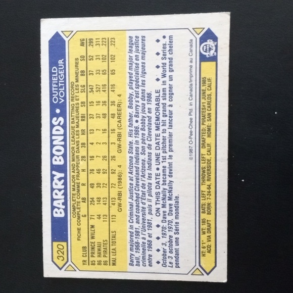 1987 O Pee Chee Barry Bonds Rookie Card - Picture 2 of 2